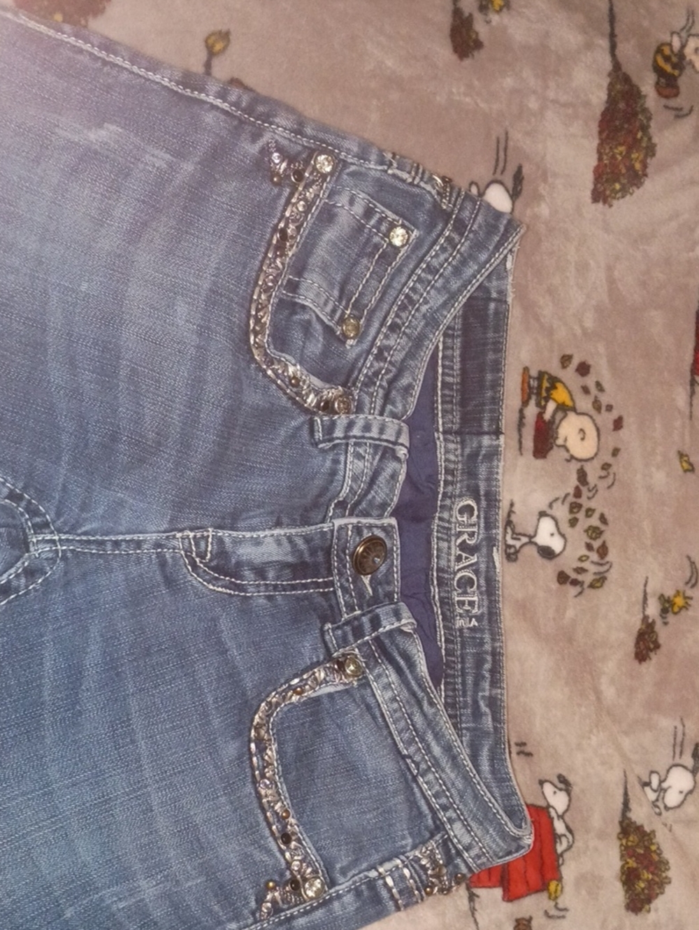 Grace in LA Light Blue Rhinestone Trim Skinny Jeans